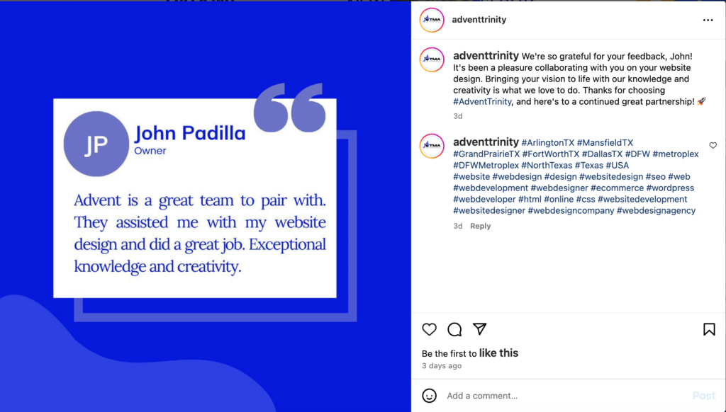 ATMA Instagram post with a graphic of a Google review from a client. » Advent Trinity Marketing Agency ATMA Instagram post with a graphic of a Google review from a client.